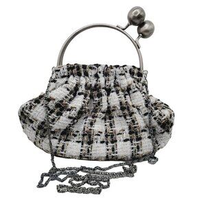 Vintage Jessica McClintock Tweed Handbag Purse Kiss Lock White Black Brown Small